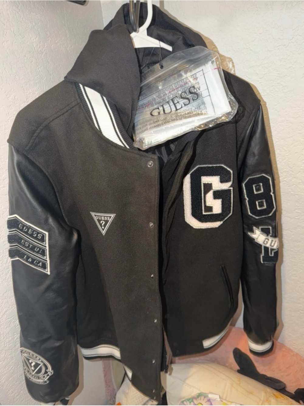 Guess Black Letterman Varsity Jacket with White Accents